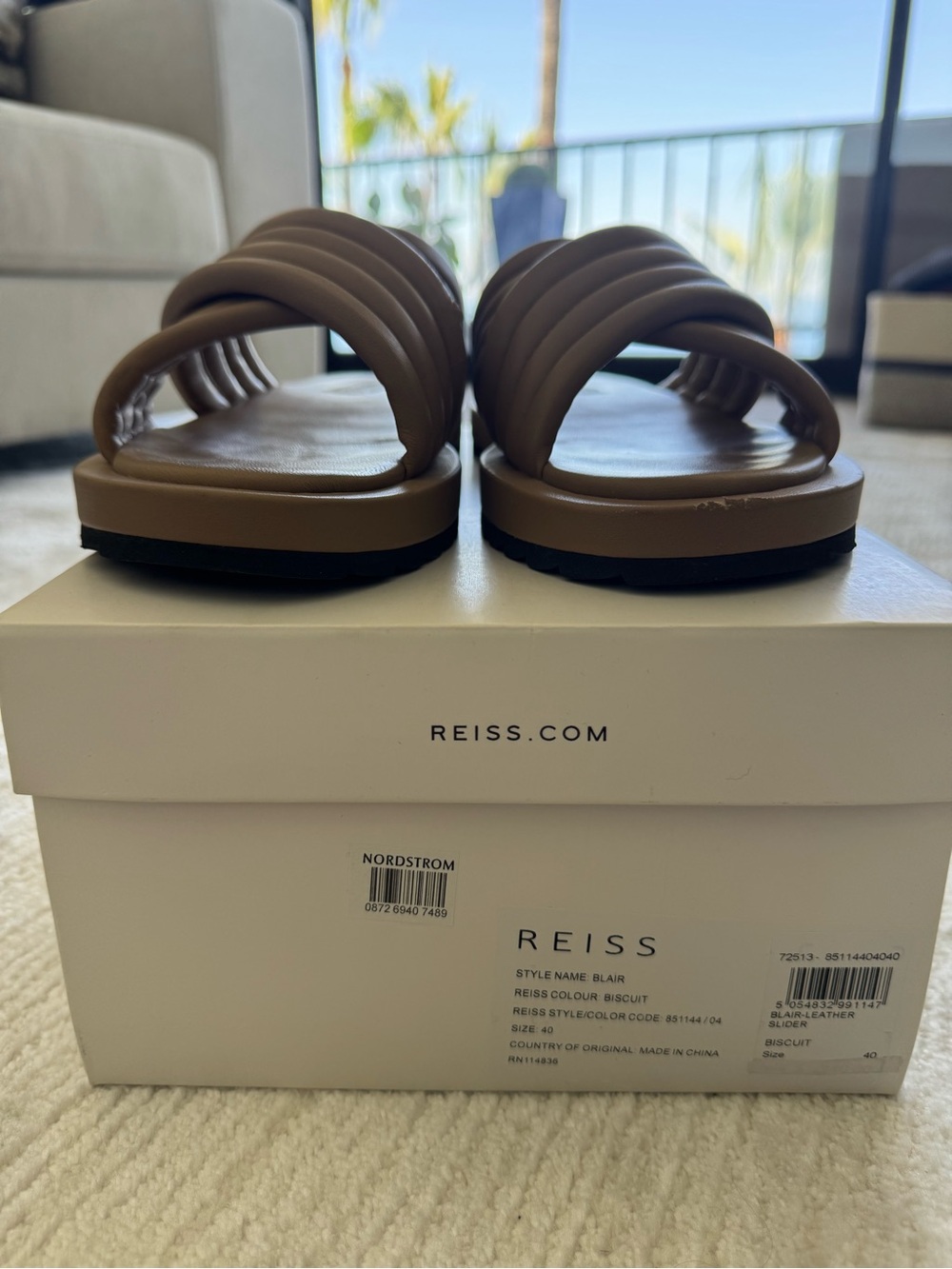 Reiss Biscuit Brown Padded Strap Slide Sandals-Blair